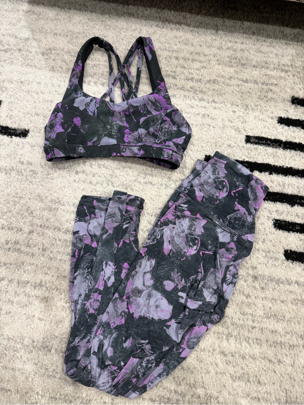 lululemon athletica Purple & Black Floral Print Leggings and Sports Bra Set